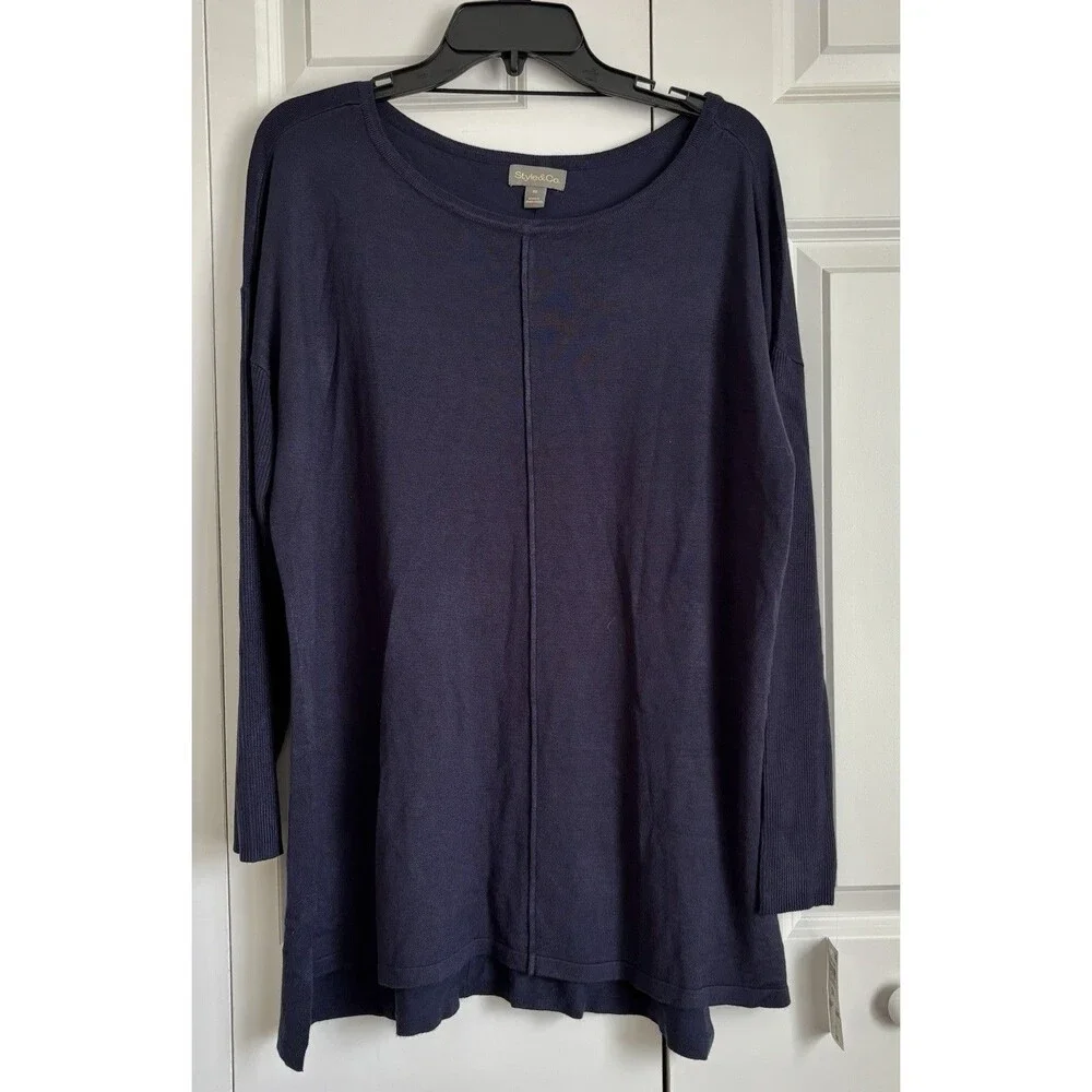 STYLE & CO WOMEN'S 0X LONG SLEEVE BOAT NECK TUNIC SWEATER NAVY BLUE PULLON KNIT